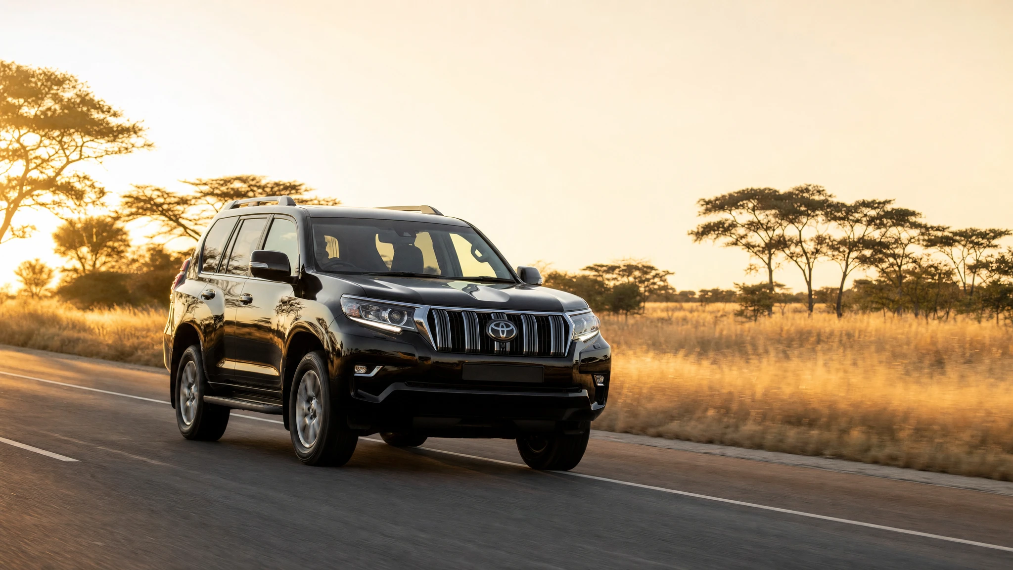 SUV on an open highway through golden savanna